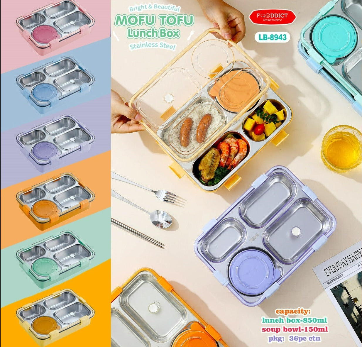 Stainless Steel 304 Divided Lunch Box Bento with Soup Bowl