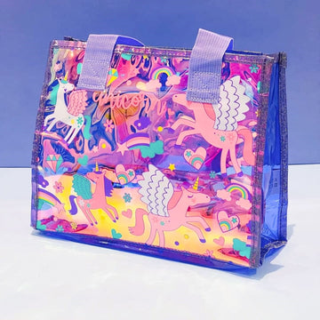 Premium Quality Small Unicorn Printed Multipurpose Holographic Tote Bag (Purple Unicorn)