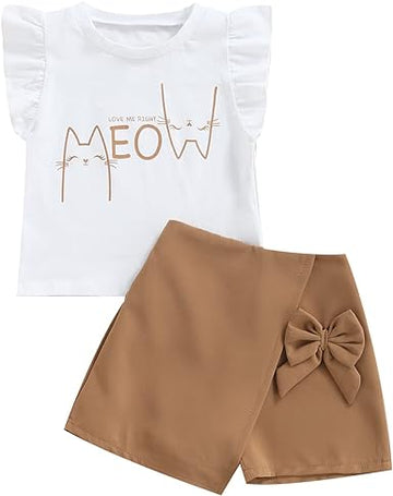 Baby Meow Design Dress for Toddler (White-Brown)
