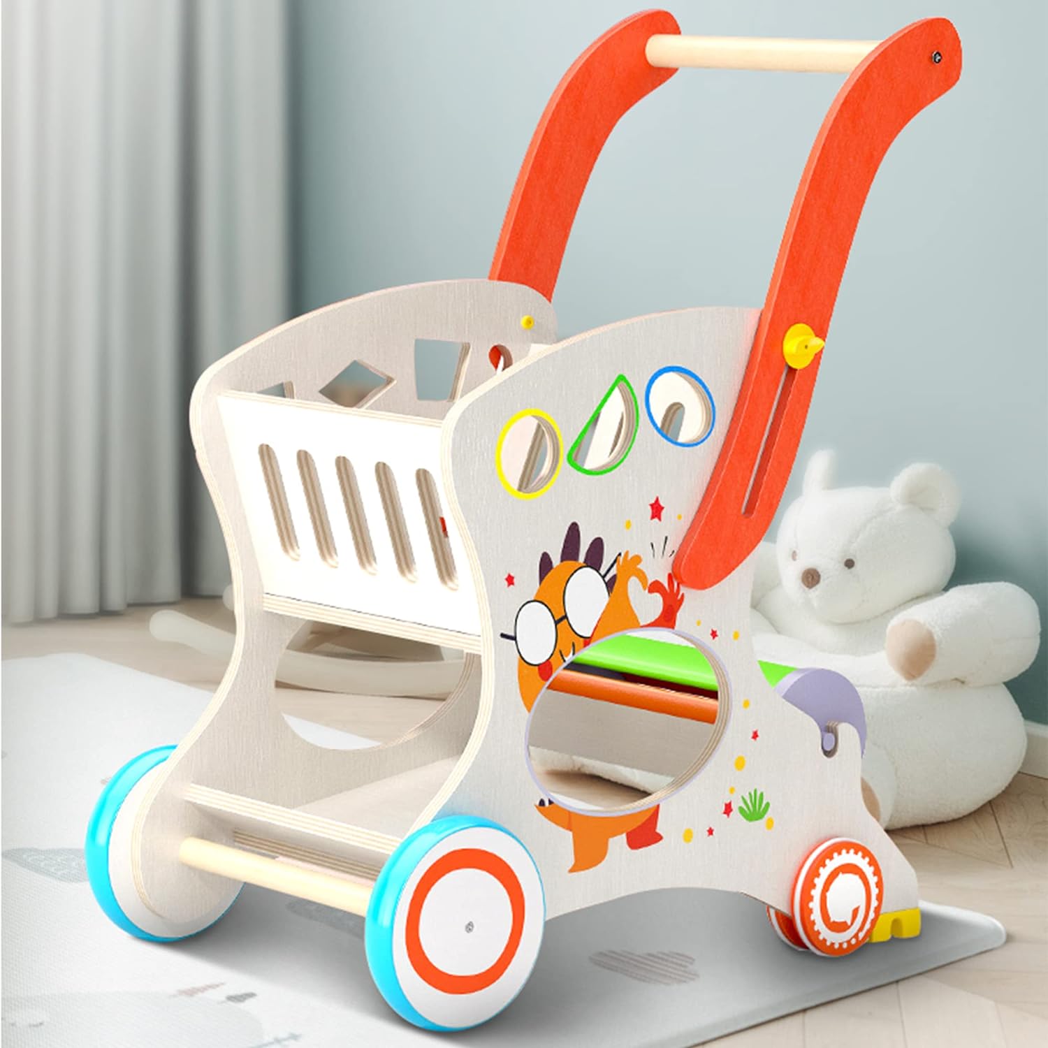 Multifunctional Wooden Baby Walker with Puzzles Shopping Cart for Todd