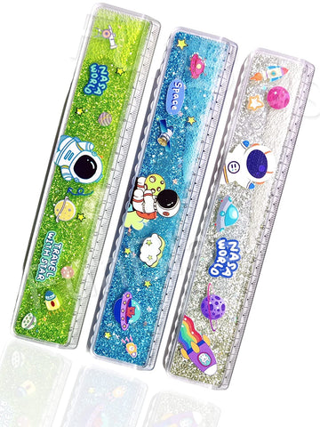 Sparkling Fun for Kids: 20cm Transparent Ruler with Glitter Water in Space, Dino, and More Themes