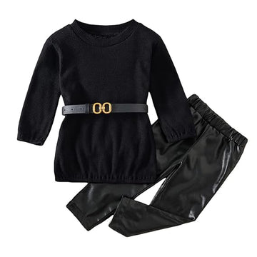 Black Knitted Design Top and Faux Leather Pant With Belt for Toddler