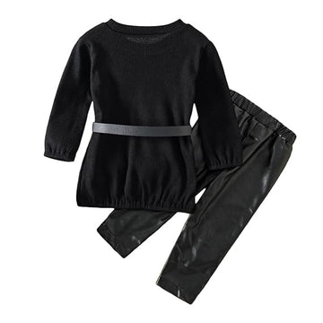 Black Knitted Design Top and Faux Leather Pant With Belt for Toddler