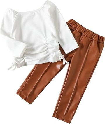 White Top and Brown Faux Leather Pant for Toddler