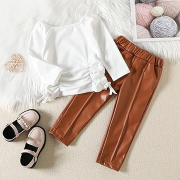 White Top and Brown Faux Leather Pant for Toddler