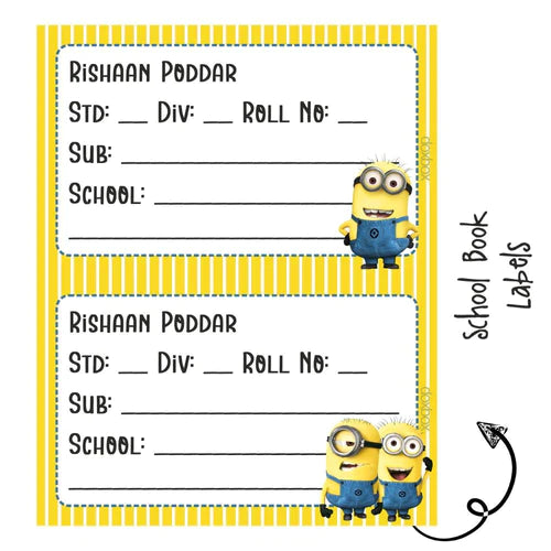 School Book Labels - Minions - Pack of 36 labels - (PREPAID ONLY)