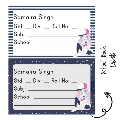 School Book Label - Girl with Cat - Pack of 36 labels (PREPAID ONLY)