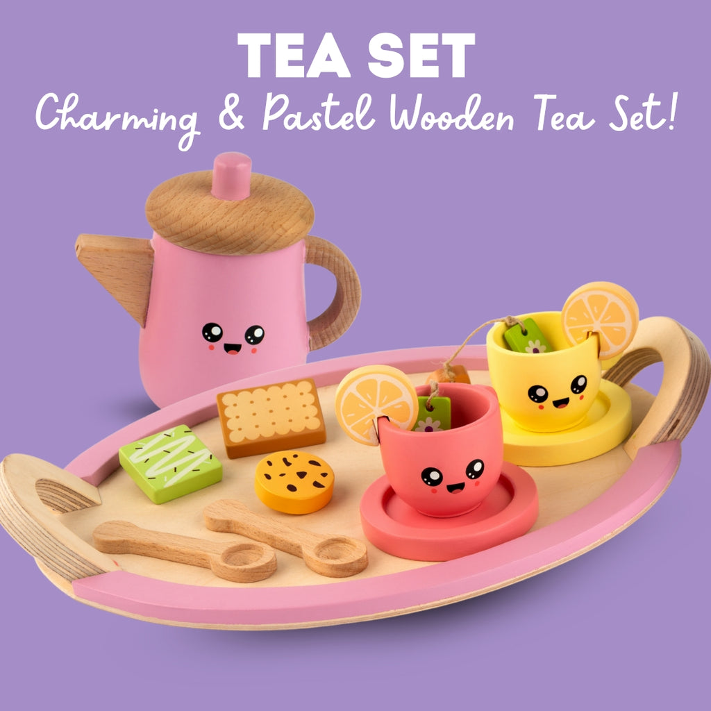 Indigo Jamm Wooden Tea Set - Pretend Play Party Tray With 10 Pieces & 3 Wooden Biscuits, Heart Design