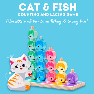 Cots and Cuddles Wooden Cat and Fish Counting, Sorting, Stacking & Lacing Activity Toy for Kids