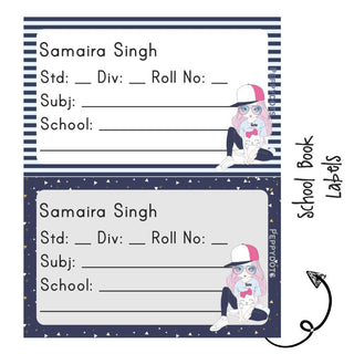 School Book Labels - Girl with Cat - Pack of 36 labels PREPAID ONLY