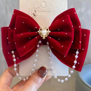 Velvet Bow Design Alligator Hair Clip with Chain (1pcs)