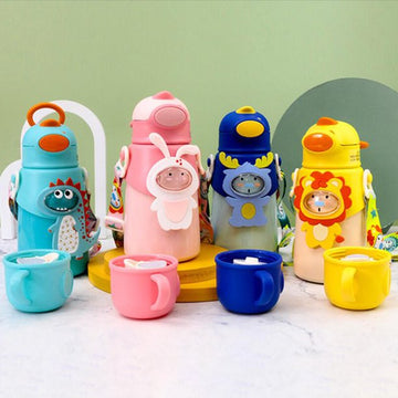 Premium Quality Cute Animal Theme Multifunctional Water Bottle With Lock Feature & Thermo Cup for Kids 500ml