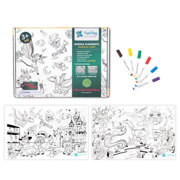Doodle Placemats Travel Set – MAGICAL LAND with A4 Size 2 Doodle Sheets, 6 Fine Tip, Wet Erase & DIY Marker Pens
