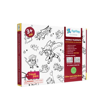 Doodle Placemats Travel Set – SUPERHEROES & MONSTERS with A4 Size 2 Reusable Doodle Sheets, 6 fine tip, Wet Erase & DIY Marker Pens