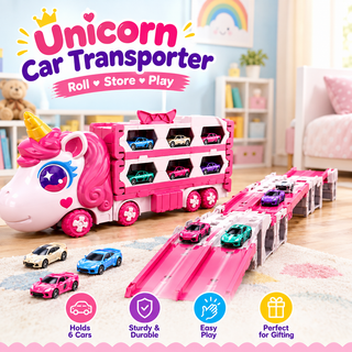 Unicorn Car Carrier Truck Toy with Foldable Race Track & Mini Alloy Cars
