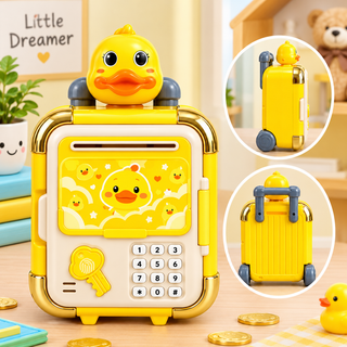 Yellow duck-themed trolley money bank with number keypad, coin slot, wheels and pull handle, shown from front, side and back.
