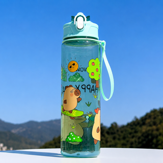 Kawaii Capybara Kids Water Bottle with Straw & Wrist Strap – 1000ml