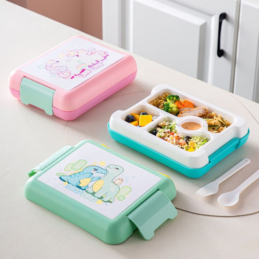 Unicorn & Dino Theme 4-Compartment Lunch Box - 1100ml, Leak-Proof, with Spoon & Fork