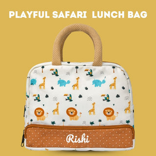 Cots and Cuddles Cute Playful Safari Theme Printed Canvas Lunch Bag for Kids