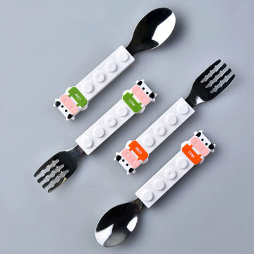 Cow Building Blocks Design Stainless Steel Spoon and Fork 1 Set