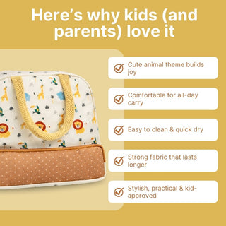Cots and Cuddles Cute Playful Safari Theme Printed Canvas Lunch Bag for Kids