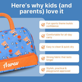 Cots and Cuddles Cute Sporty Bear Theme Printed Canvas Lunch Bag for Kids