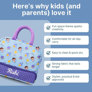 Cots and Cuddles Cute Space Buddy Theme Printed Canvas Lunch Bag for Kids