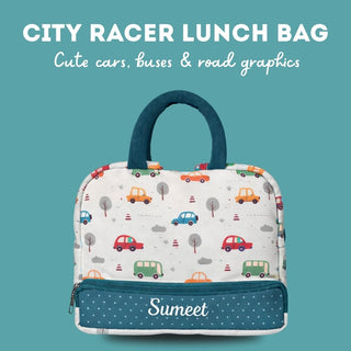 Cots and Cuddles Cute Vehicles Theme Printed Canvas Lunch Bag for Kids