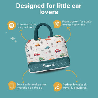 Cots and Cuddles Cute Vehicles Theme Printed Canvas Lunch Bag for Kids