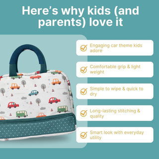 Cots and Cuddles Cute Vehicles Theme Printed Canvas Lunch Bag for Kids