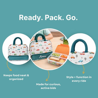 Cots and Cuddles Cute Vehicles Theme Printed Canvas Lunch Bag for Kids