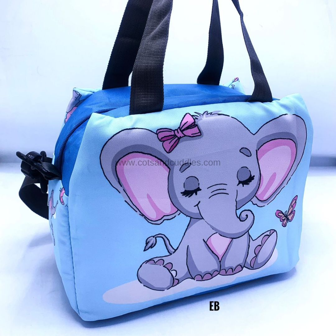 Premium Quality Baby Animals Printed Large Capacity Mesh Padded Lunch Bag: Spacious, Stylish, and Versatile with Adjustable Strap (Elephant)