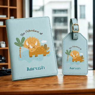 Personalized Passport Cover & Luggage Tag  for Kids | Custom Name Travel Accessories (Dino - Triceratops) (PREPAID ONLY)