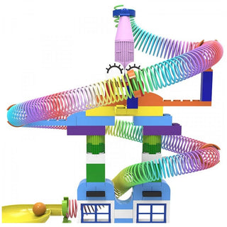 Colorful Marble Run 203pc Building Blocks Toy with Spiral Tracks, Rolling Balls & Rainbow Slinky