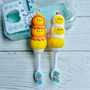 Cute 3D 2 Head Kawaii Animal Shape Microfiber Soft Bristles Toothbrush with Travel Case for Kids Age 2+