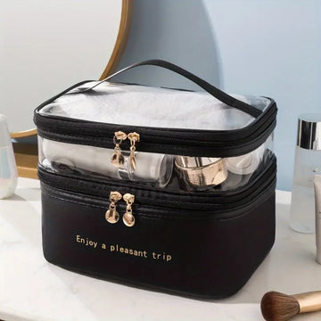 Double-Layer Square Cosmetic Bag - Your Stylish Travel for Beauty On-the-Go