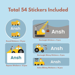 Personalized Name Labels Combo - Construction Vehicles- Pack of 54 (PREPAID ORDER)