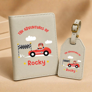Personalized Passport Cover & Luggage Tag  for Kids | Custom Name Travel Accessories (Racing Car) (PREPAID ONLY)