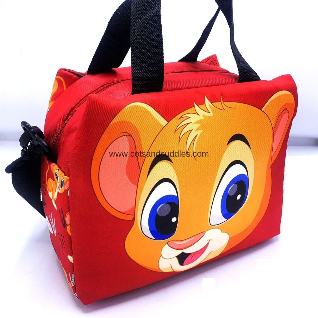 Premium Quality Baby Animals Printed Large Capacity Mesh Padded Lunch Bag: Spacious, Stylish, and Versatile with Adjustable Strap (Lion)