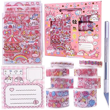 Enchanting Unicorn Dreams: Cute Washi Tape Role with Lovely Stickers, Sticky notes, and Cutting Tool
