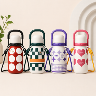Kawaii Stainless Steel Insulated Water Bottle 700ml with Carabiner & Lanyard