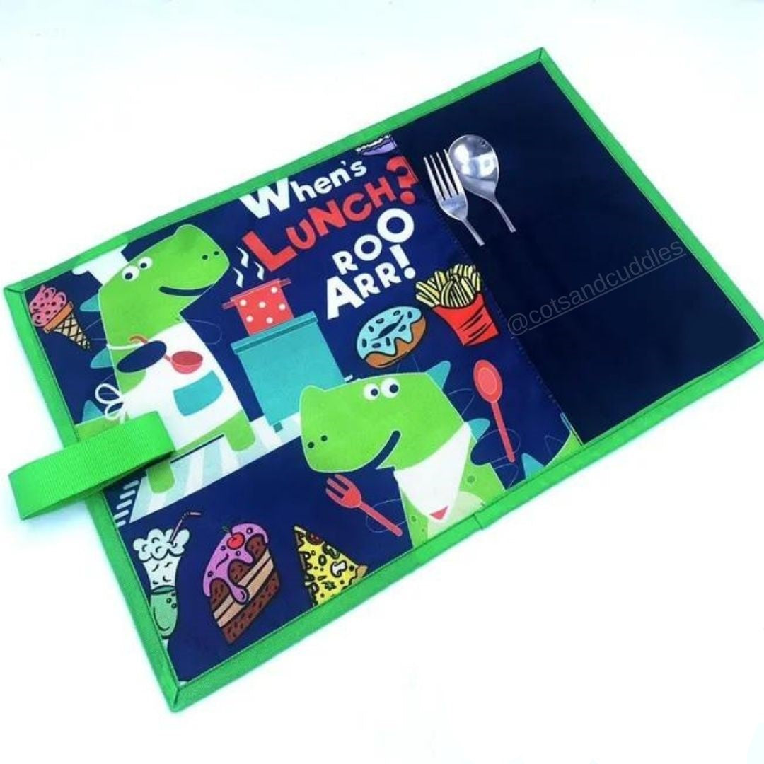 Colorful Printed and Convenient: Roll-Up Table Dinning Mat for Kids with Cutlery and Napkin Holders (Dino)