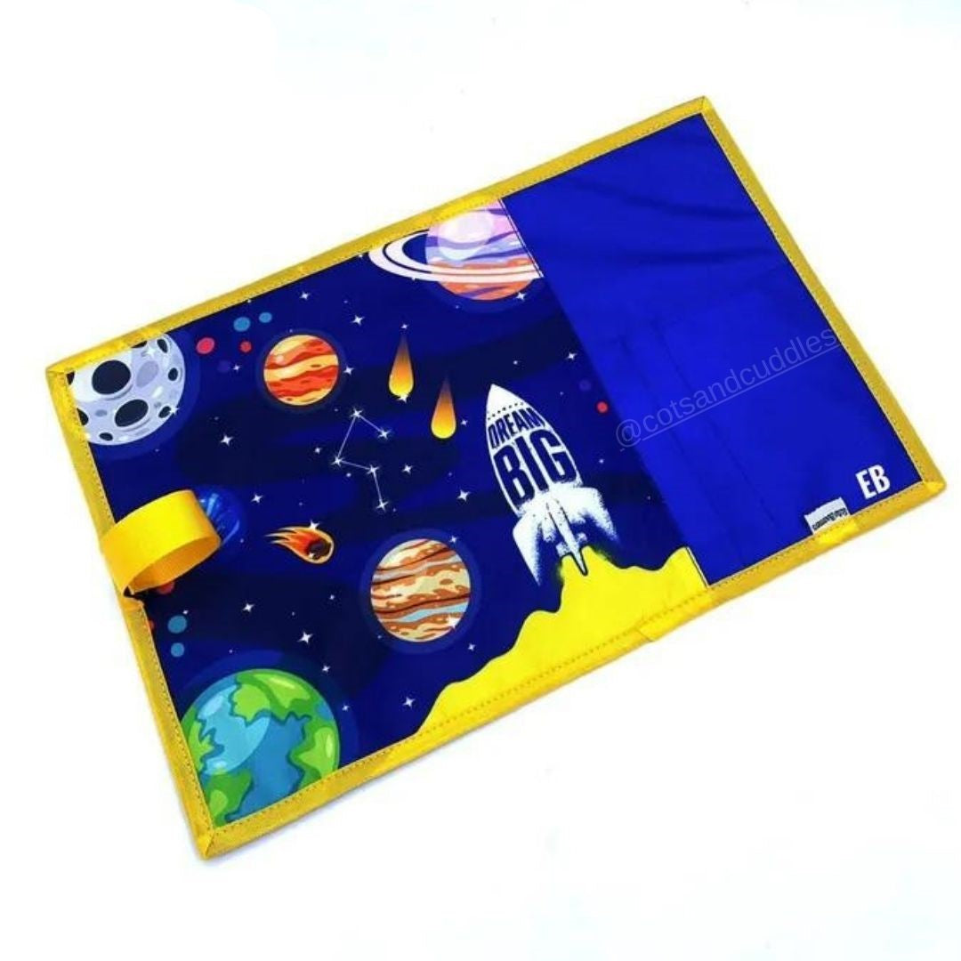 Colorful Printed and Convenient: Roll-Up Table Dinning Mat for Kids with Cutlery and Napkin Holders (Universe)