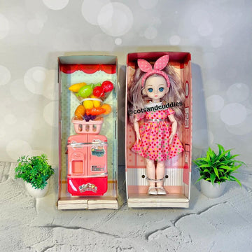 Mini Toy Refrigerator: Double Door Design with Fruits, Vegetables, and Doll for Engaging Playtime