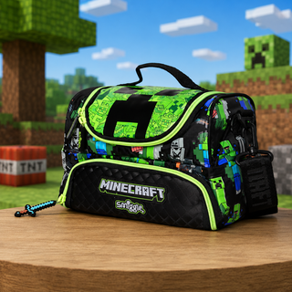 Minecraft Creeper Double Decker Lunch Bag for Kids | Adjustable Shoulder Strap | Black & Green