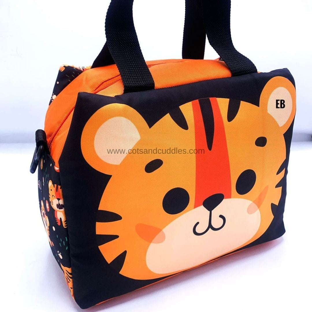 Premium Quality Baby Animals Printed Large Capacity Mesh Padded Lunch Bag: Spacious, Stylish, and Versatile with Adjustable Strap (Tiger)
