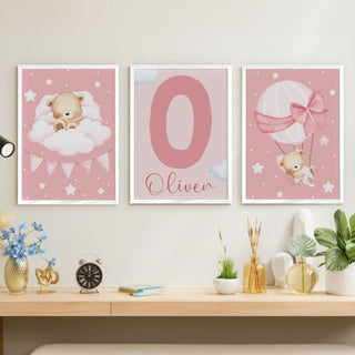 Personalized Name Wall Art Frame Set of 3 Home Decor (Sleeping Bear Pink)
