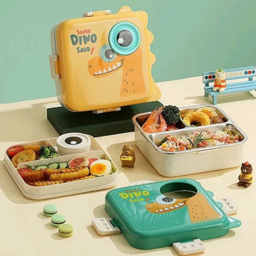 1120ml 5 Compartment Dino Eye Design Lunch Box with Spoon and 70ml Salad Cup