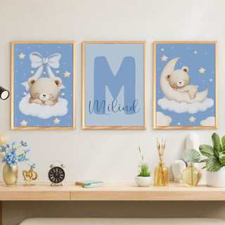 Personalized Name Wall Art Frame Set of 3 Home Decor (Sleeping Bear Blue)