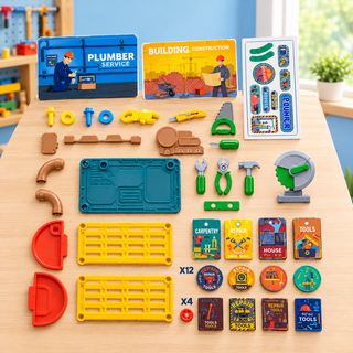 Toy tools, workbench panels, shelves and accessories laid out for the tool trolley play set